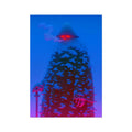 Towering snow-covered hooded figure with a pointed hat, glowing red eyes and a skeletal hand gripping a carved staff, against a deep blue-to-magenta gradient; surreal neon cyberpunk, unframed Hahnemühle print.
