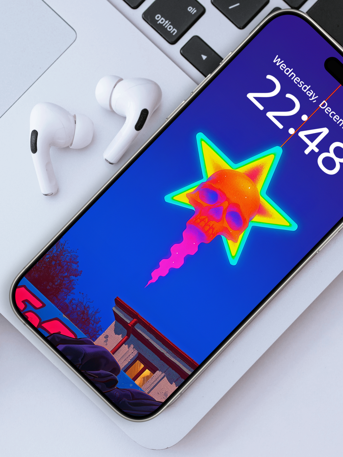 Skull Star Lamp: Goodnight Ritual – Dark Art Wallpaper – wallpaper frame mockup by Soulkeeper2099