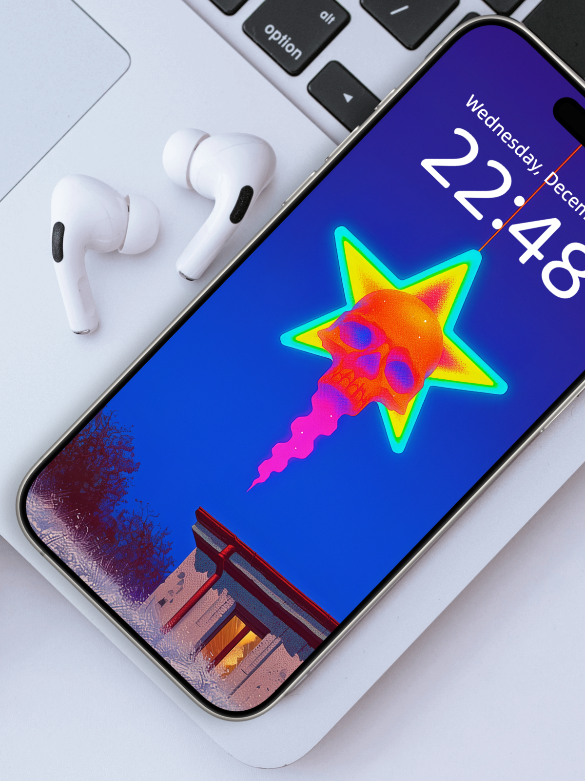 Skull Star Lamp: Snow at the Window – Dark Art Wallpaper – wallpaper frame mockup by Soulkeeper2099