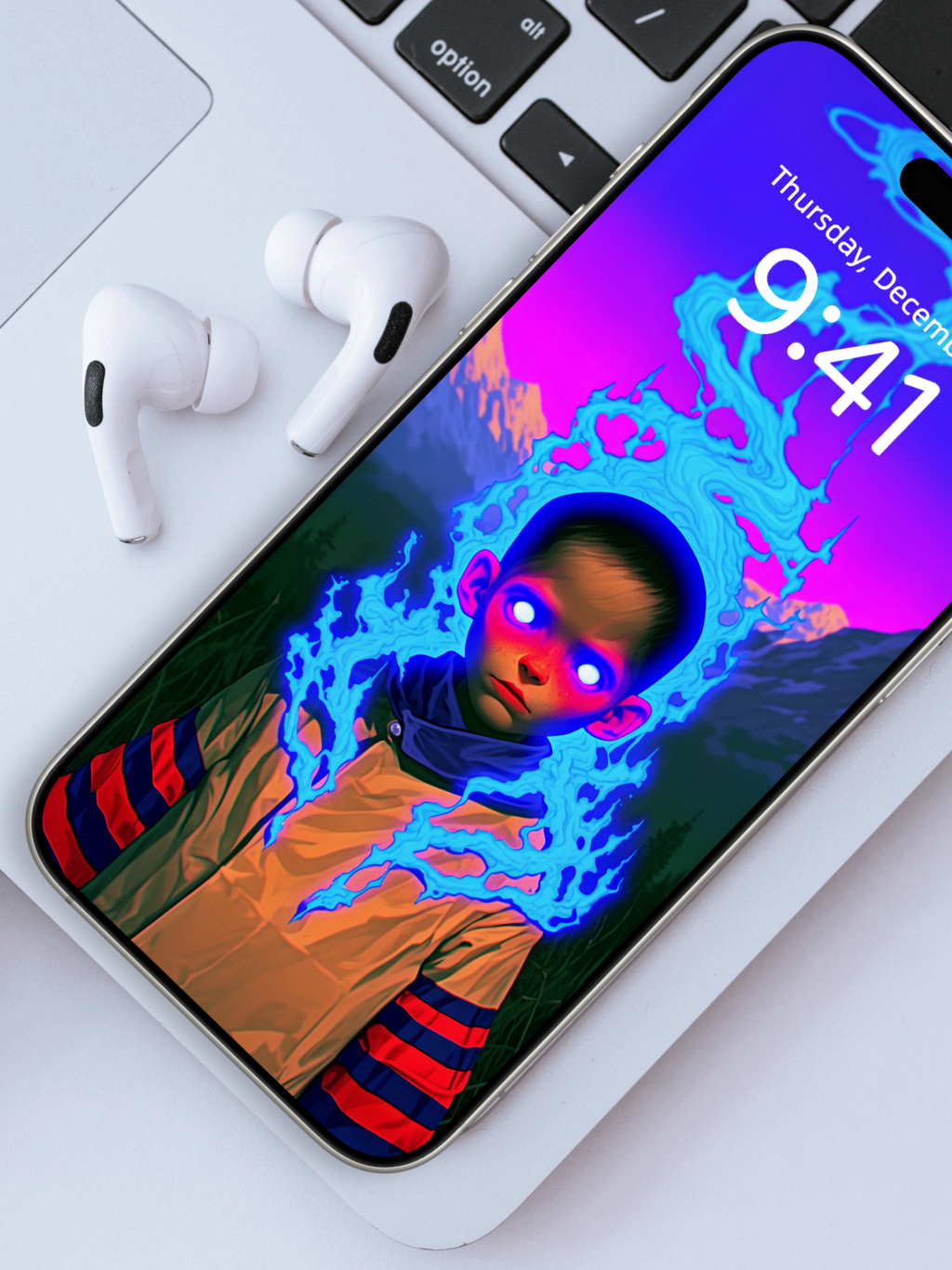 Blue-Flame Gaze – Dark Art Wallpaper – wallpaper frame mockup by Soulkeeper2099