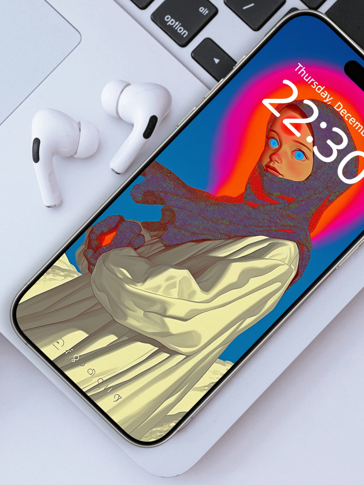 Neon Saint of the Snowfield – Dark Art Wallpaper – wallpaper frame mockup by Soulkeeper2099