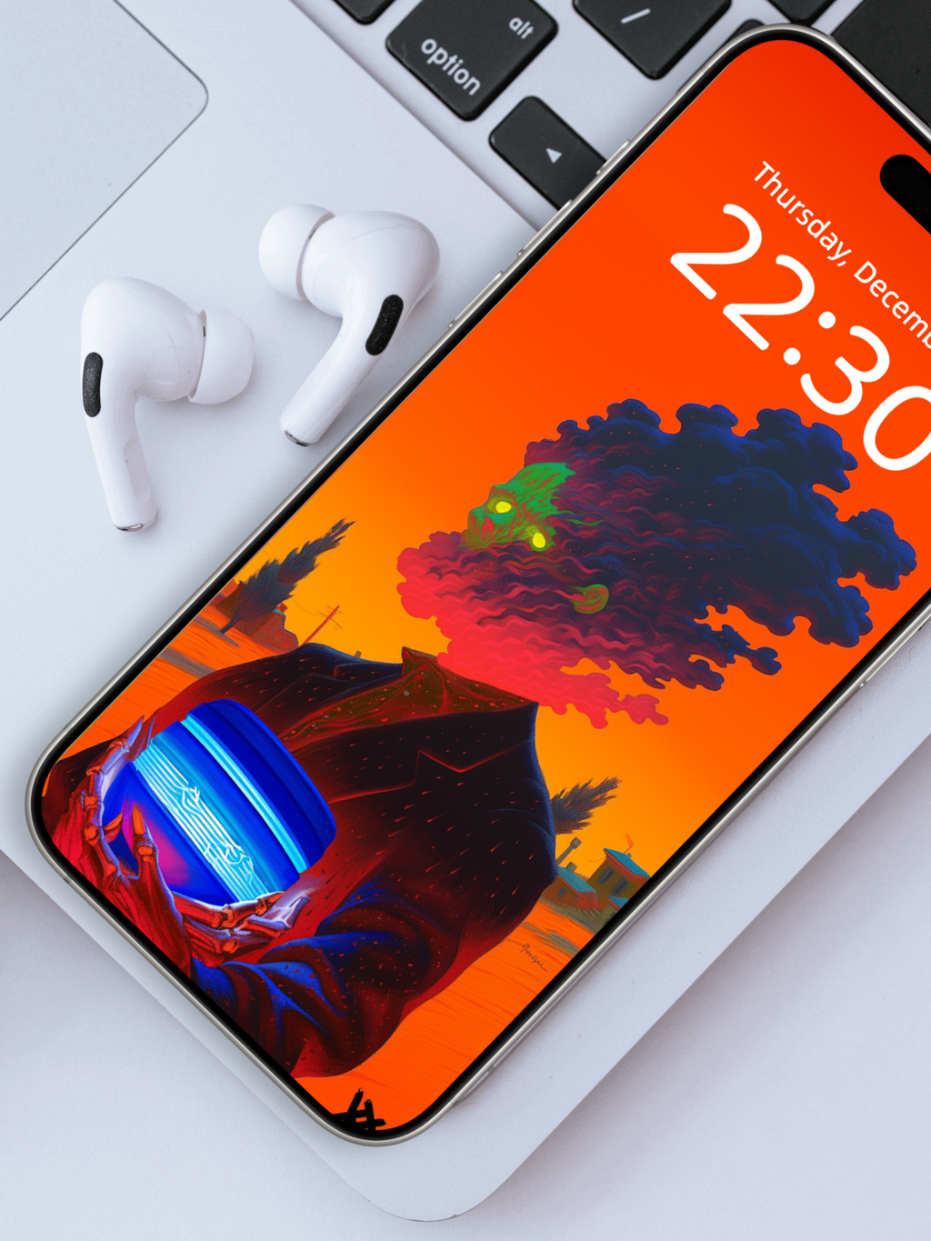 The Cloud-Head Courier – Dark Art Wallpaper – wallpaper frame mockup by Soulkeeper2099