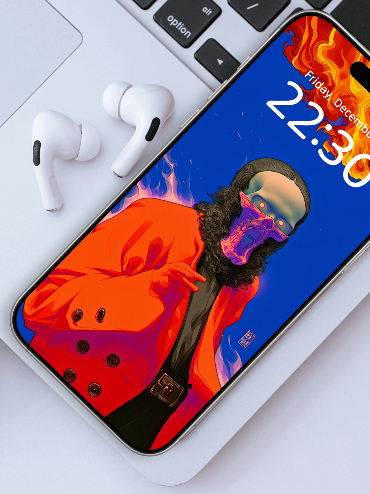 Flame in a Perfect Coat – Dark Art Wallpaper – wallpaper frame mockup by Soulkeeper2099