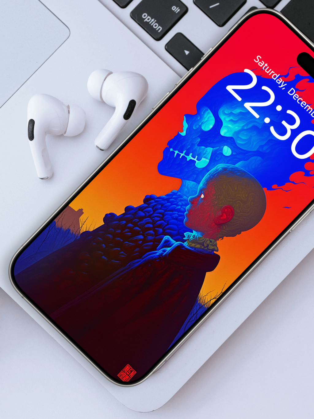 Burning Echo of Myself – Dark Art Wallpaper – wallpaper frame mockup by Soulkeeper2099