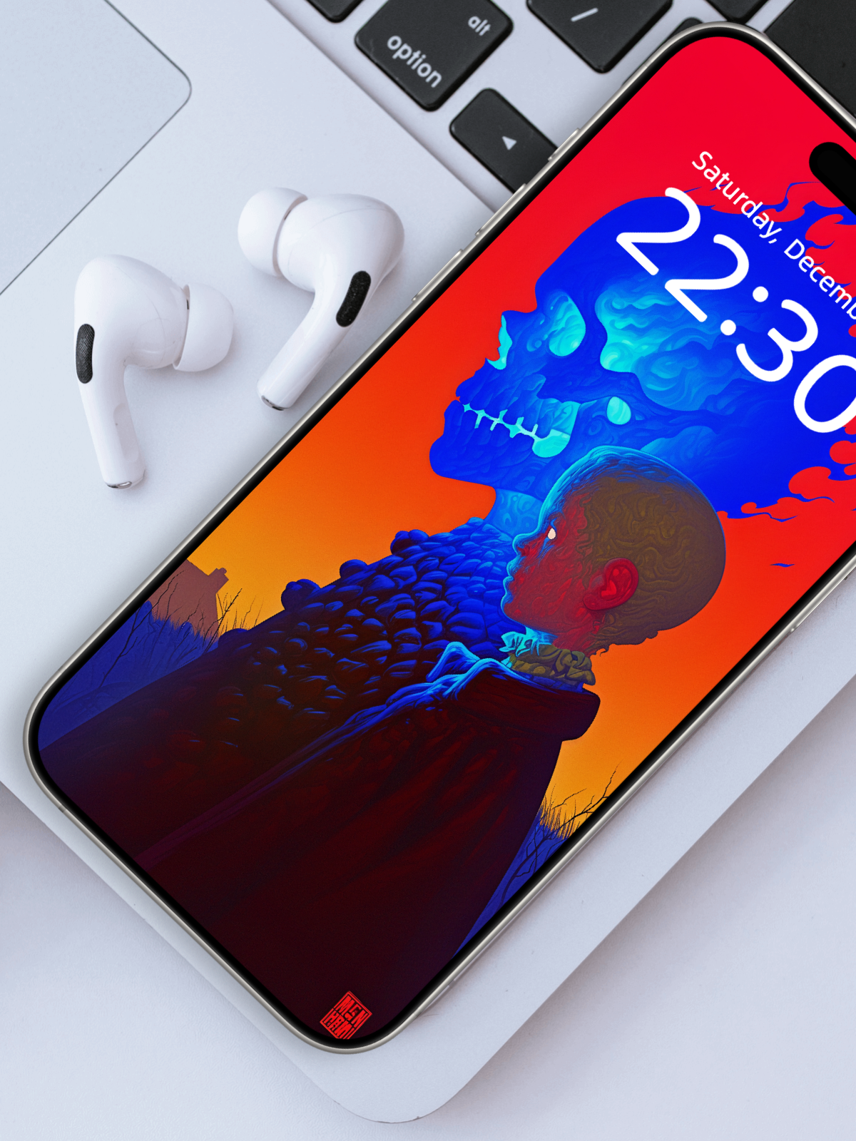 Burning Echo of Myself – Dark Art Wallpaper – wallpaper frame mockup by Soulkeeper2099