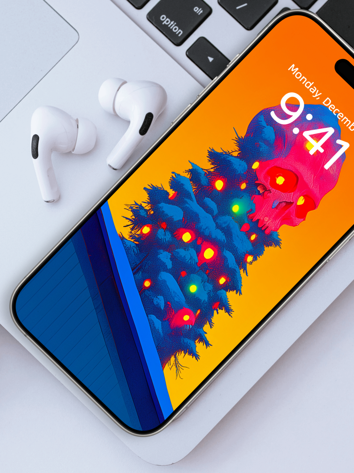 Neon Skull Christmas Tree – Dark Art Wallpaper – wallpaper frame mockup by Soulkeeper2099