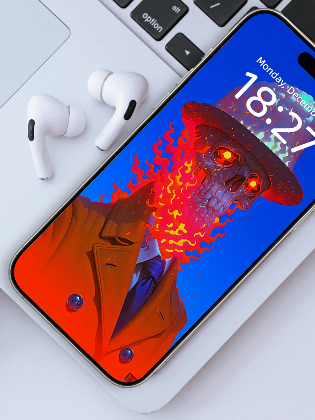 The Flame Etiquette Officer – Dark Art Wallpaper – wallpaper frame mockup by Soulkeeper2099